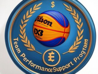 Medal lub moneta z piłką do koszykówki 3x3 otoczoną wieńcem laurowym i napisem Team Performance Support Program.
