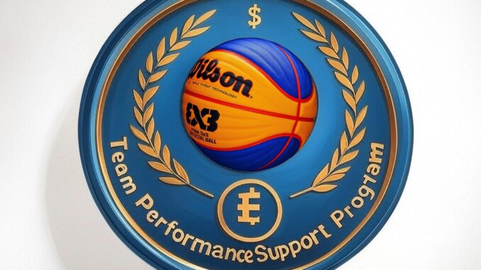 FIBA3x3-Team-Performance-Support-Program Medal lub moneta z piłką do koszykówki 3x3 otoczoną wieńcem laurowym i napisem Team Performance Support Program.